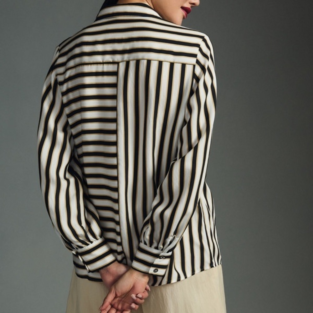 Anthropologie Maeve Silky Striped Black Cream Striped Button Down Shirt | M - Picture 2 of 8
